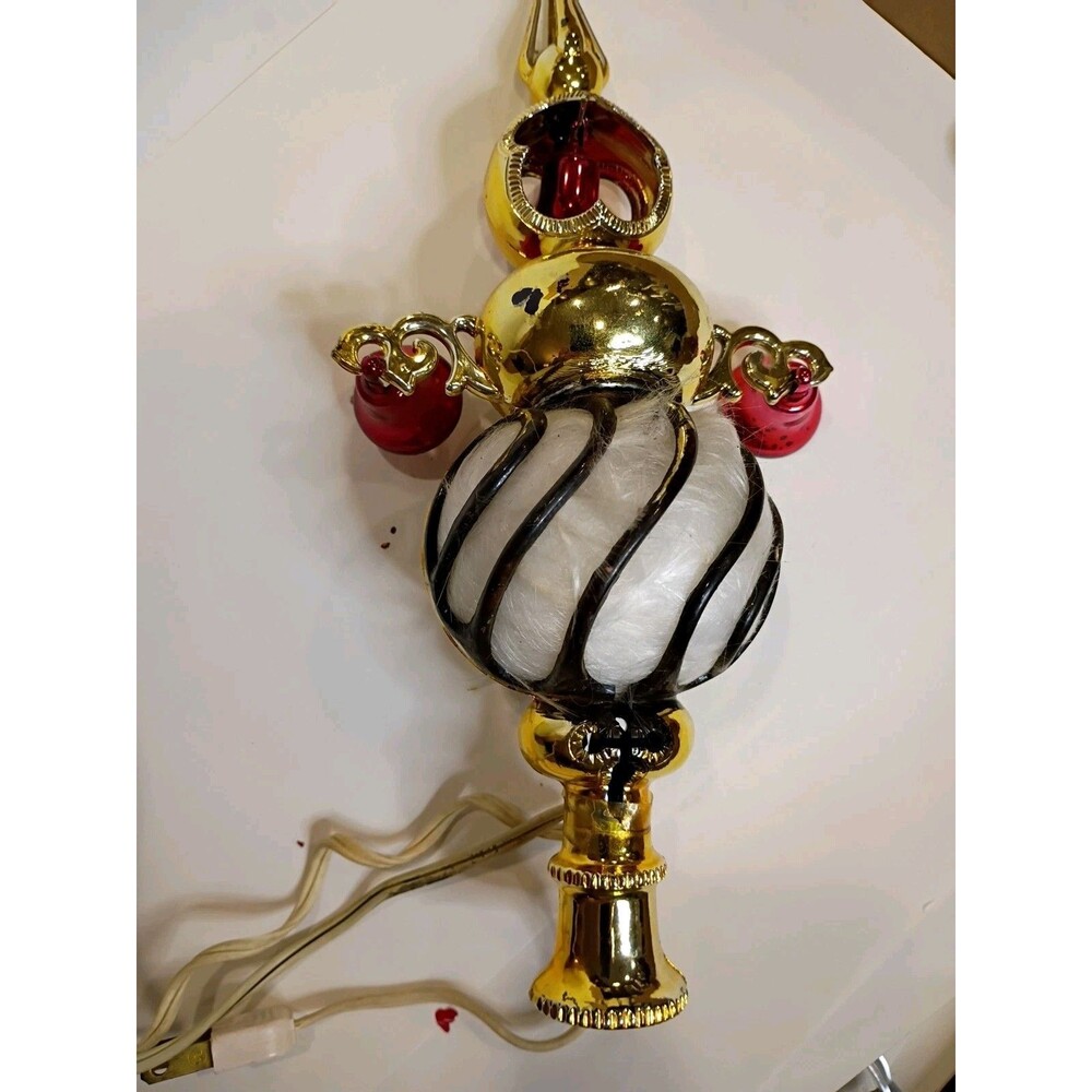 Vintage Light _Up Christmas Tree Topper Spun Glass Angel Hair Red Gold MCM Retro